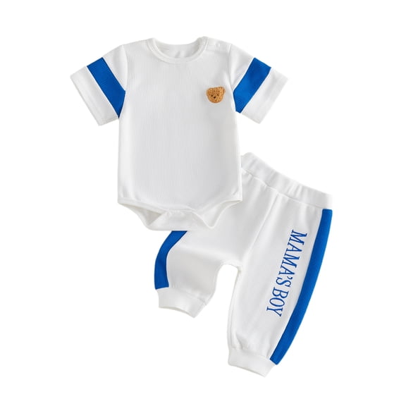 BemeyourBBs Newborn Baby Boys Spring Summer Fall Clothes Infant Baby Boy Mama's Boy Outfits Waffle Patchwork Bear Embroidered Short Sleeve Rompers Long Pants 2Pcs Clothes Set