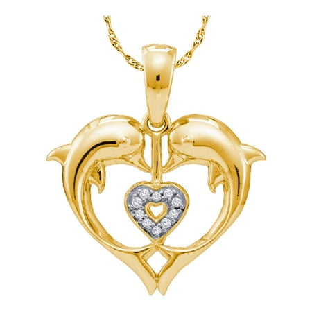 - 10kt Yellow Gold Womens Round Diamond Double Dolphin Heart Pendant .03 Cttw