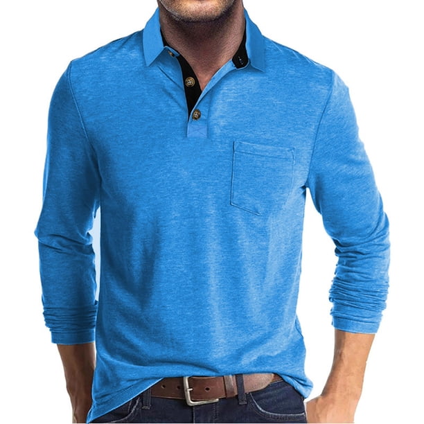 pstuiky Camisas casuales de manga larga para hombre, Blusa/camisa informal y de moda para hombre, de color liso, con cuello vuelto y bolsillos camisetas de hombre xxl