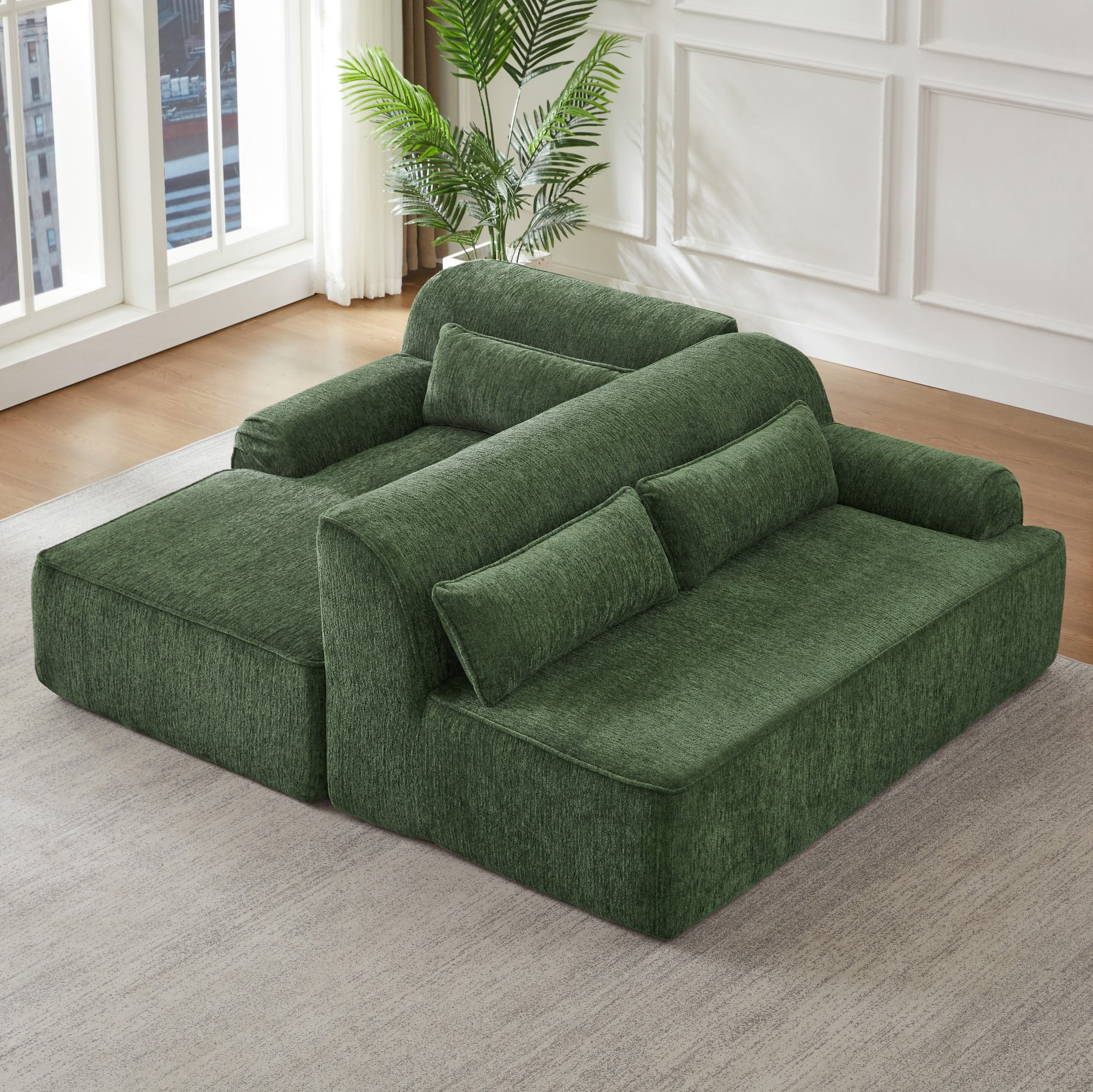 AENKYO Chenille L-Shaped Oversized Sectional Sofa, Minimalist Sleeper Couch for Living Room or Apartment, No Assembly Required (Green,Left-Facing Chaise)