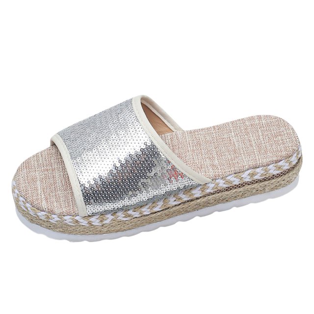 Bmisegm Women's Summer New Round Head Sequin Line Fashion Women's Platform Slippers Womens Sandals Summer White 7