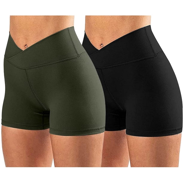 Zhuge Pantalones cortos de ciclista de cintura alta para mujer, paquete de 2, pantalones cortos de yoga con cintura cruzada, pantalones cortos para correr, leggings con o sin bolsillo