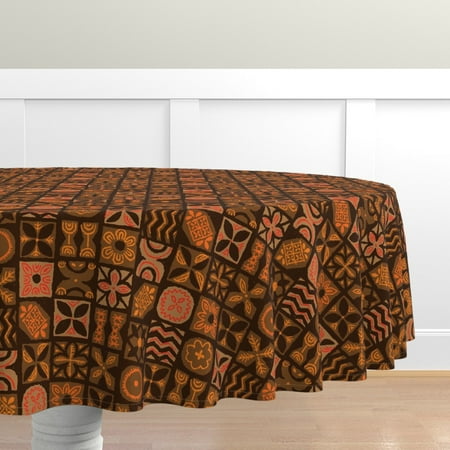 

Cotton Sateen Tablecloth 70 Round - Orange Brown Retro Tiki Vintage Hawaiian Mid Century Tropical Beach Ua Hawaii Aloha Bark Cloth Print Custom Table Linens by Spoonflower