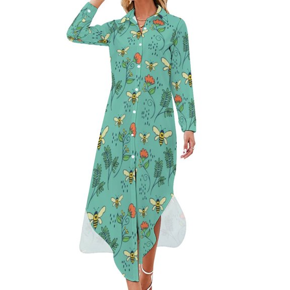 Gold Metallic Bees Chiffon Dress Animal Honeybee Print Modern Dresses Long Sleeve Street Fashion V Neck Oversized Casual Dress