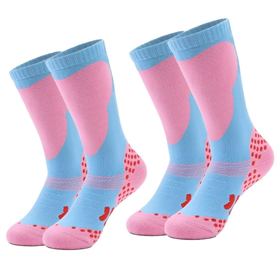 TELOLY Kids Ski Socks, 2-Pair Pack Snowboarding Socks for Toddler Boys and Girls, Over the Calf Design w/Non-Slip Cuff - sky blue pink