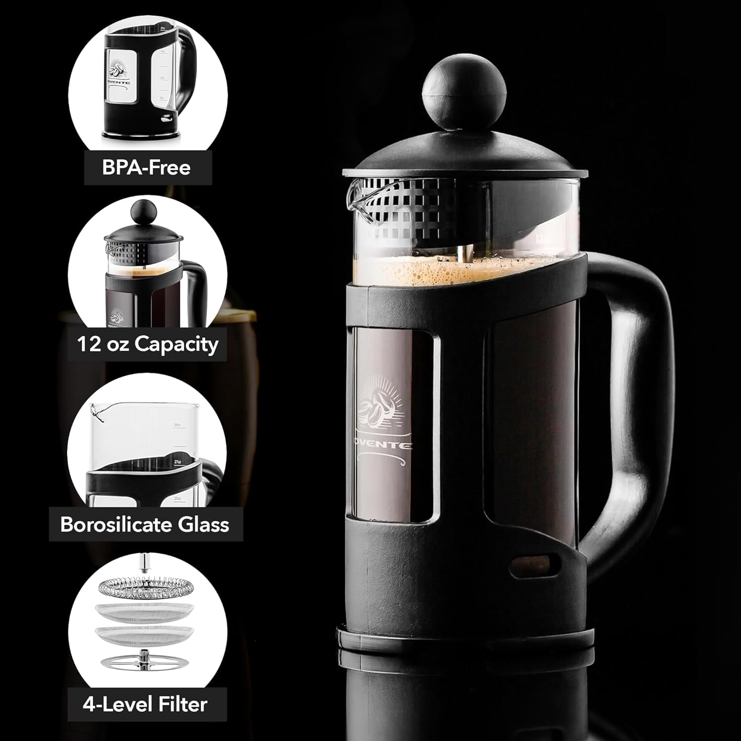 OVENTE French Press Coffee Maker 12 Ounce with Heat Resistant Borosilicate Glass & Stainless Steel 4-Level Filtration System, Portable Cold Brew Coffee Maker for Travel, Camping or Gift, Black FPT12B
