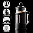 thumbnail image 2 of OVENTE French Press Coffee Maker 12 Ounce with Heat Resistant Borosilicate Glass & Stainless Steel 4-Level Filtration System, Portable Cold Brew Coffee Maker for Travel, Camping or Gift, Black FPT12B, 2 of 8