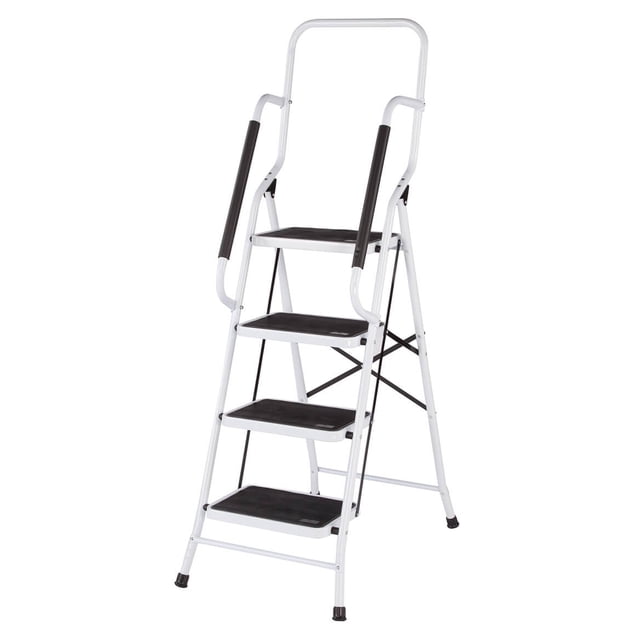 LivingSURE Folding 4-Step Safety Ladder – Padded Side Handrails – Kitchen and Household Use – White