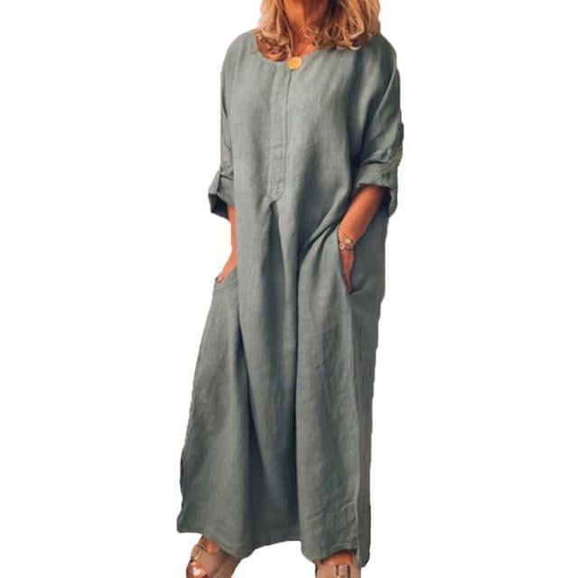JUNWELL Robe Caftan à Col Rond Coton Lin Longue Chemise Robes Caftan pour Femmes Décontracté Femmes Couleur Unie Robe Maxi Oversize