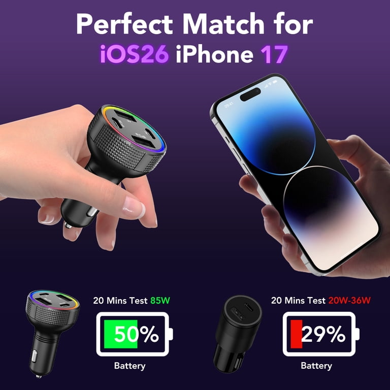flush cigarette lighter usb USB C Car Charger Adapter, 85W 4-Port Dual USB-C & USB-A Car Power Adapter,  Cigarette Lighter Auto Charger Flush Compatible iPhone 17/17 Pro