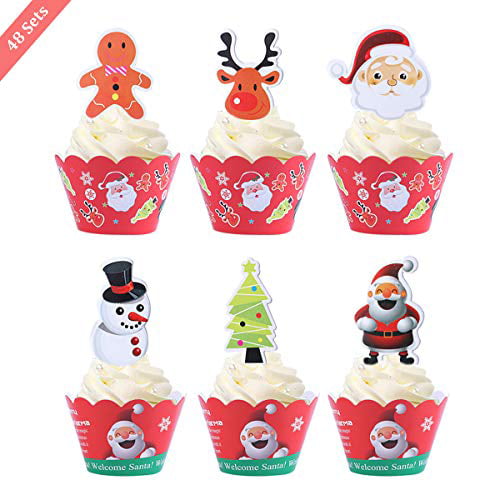 Christmas Cake Topper 6 pcs with Santa Snowman Gingerbread Man Star Tree Gift for Cakes Cupcakes Party Wedding Baby