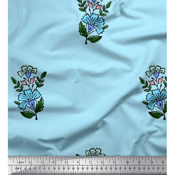 Soimoi Crepe Silk Fabric Leaves & Floral Block Print Fabric by The Yard 42 Inch Wide