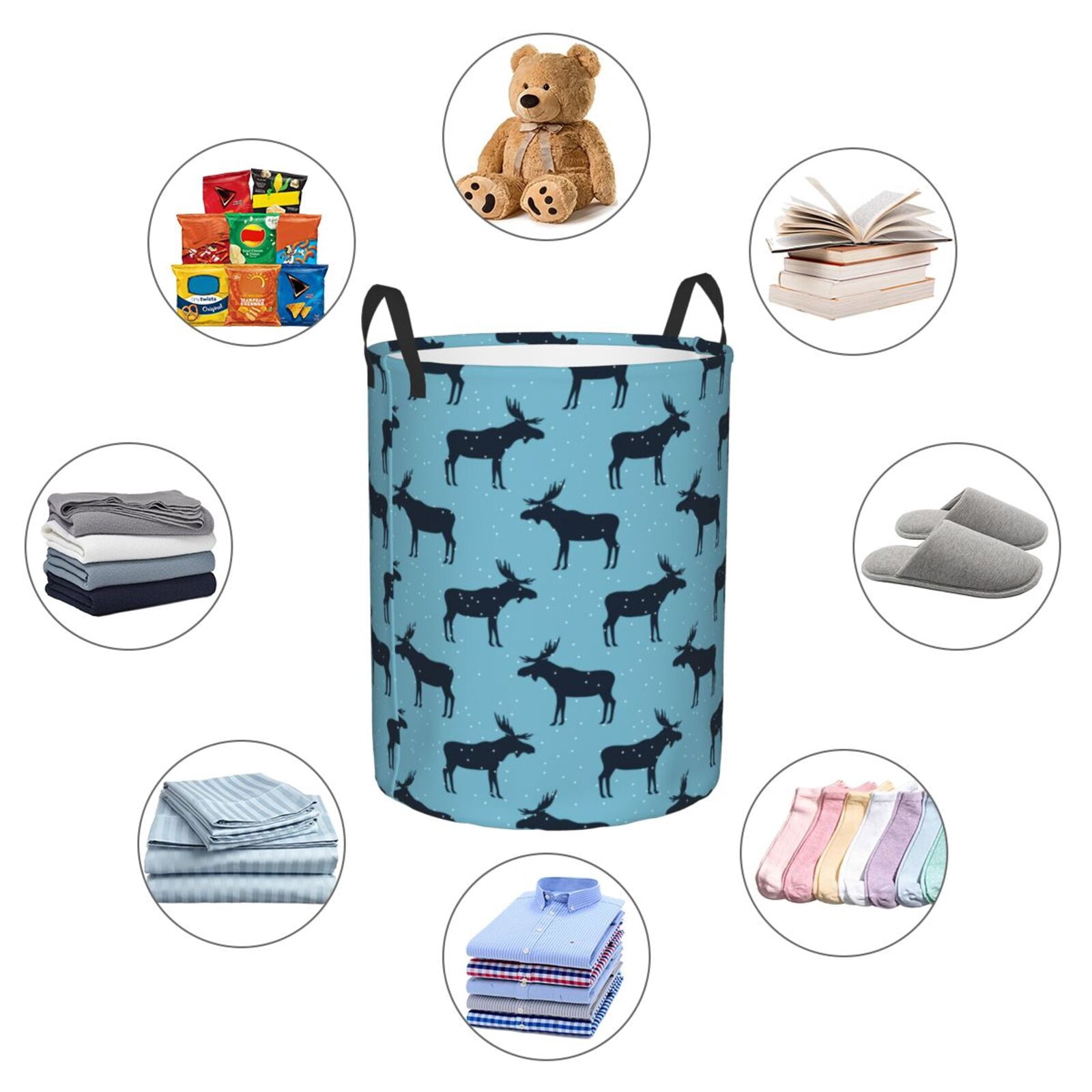 Large Laundry Basket with Handles - winter moose elk snow blue Kids Baby Dirty Clothes Laundry Hamper for Bedroom Aesthetic