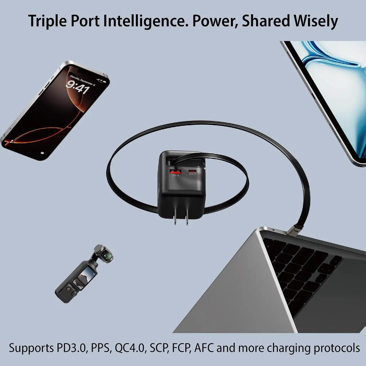 Rosewill 70W Retractable USB-C Wall Charger with Built-in Cable, 3-Port GaN 3 Fast Charging, Foldable Design & Real-Time TFT Display for MacBook, iPad, iPhone, Galaxy - Black