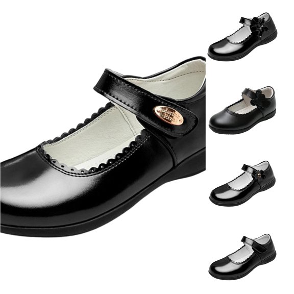 FINALGANG Kids Girls Adjustable Strap Scalloped Glossy Mary Jane Shoes Soft Flat Sole Formal School Uniform Dress Leather Shoes Trendy Shoes 9-9.5 Years