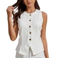 thumbnail image 3 of Craaazy Women Casual Sleeveless Button Down Tops, Solid Color Crew Neck Vest, Loose Fit Comfy Tank Tops for Daily Wear Gifts, 3 of 9