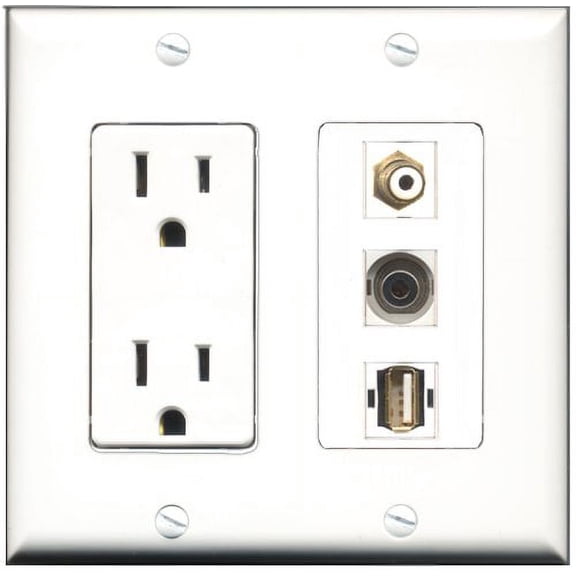 RiteAV - 15 Amp Power Outlet 1 Port RCA White 1 Port USB A-A 1 Port 3.5mm Decorative Wall Plate
