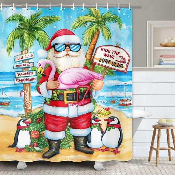 Christmas in July Cute Penguin Shower Curtain Christmas Shower Curtains for Bathroom Summer Beach Christmas Holiday Hawaiian Santa Bath Curtains Blue Sky Ocean Fabric Set Curtains Hooks, 72X72in