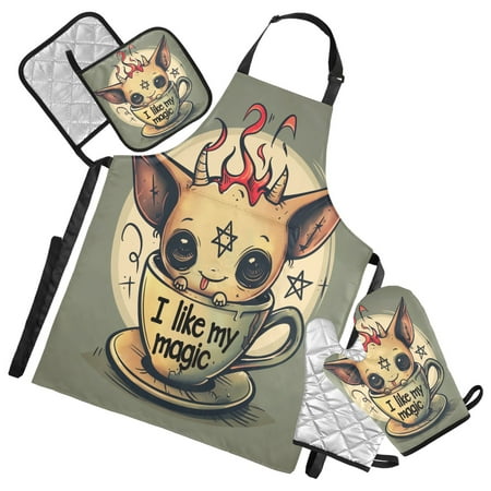 

5 Pcs Kitchen Set Heat Resistant Oven Mitts and Non-Slip Pot Holders with Adjustable Cooking Apron Cute Demon on Cup