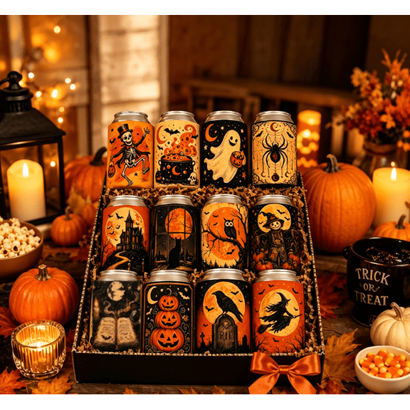 12 Pack Vintage Halloween Can Cooler Sleeves, Retro Spooky Drink Sleeves Reusable Neoprene for Soda Beverage Party Fall Decor