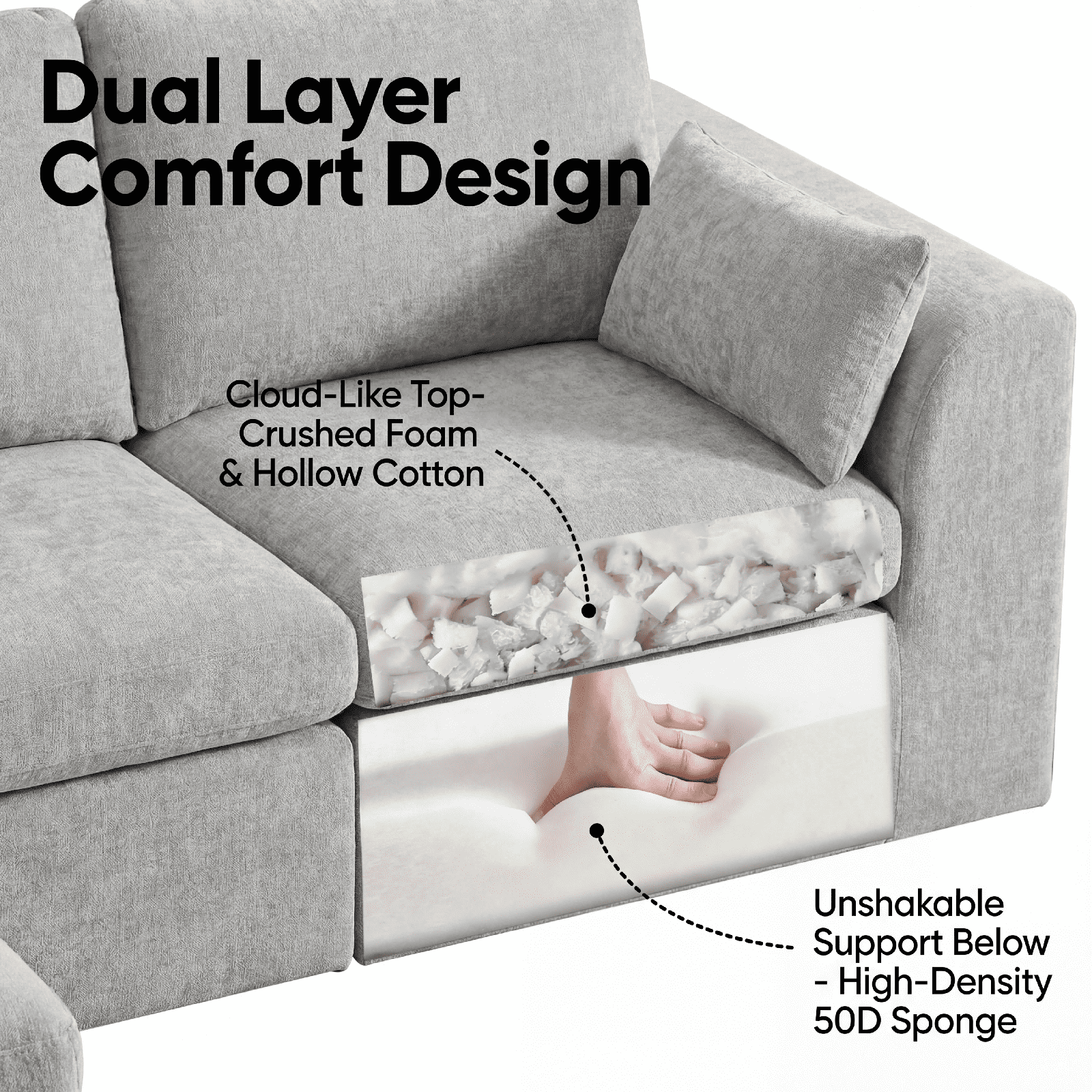 Cubente 108" Cloud Sectional Couch, Boneless Couch, L Shaped Couch with Ottoman, Chenille Modular Sofa for Living Room