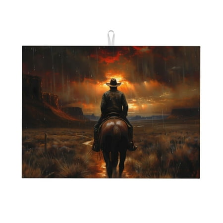

Dish Drying Mats for Kitchen Counter - Western Rainy Desert Cowboy 18x24in Dish Drying Pad Coffee Mat with Hanging Loop Super Absorbent Kitchen Counter Mat Coffee Bar Accessories