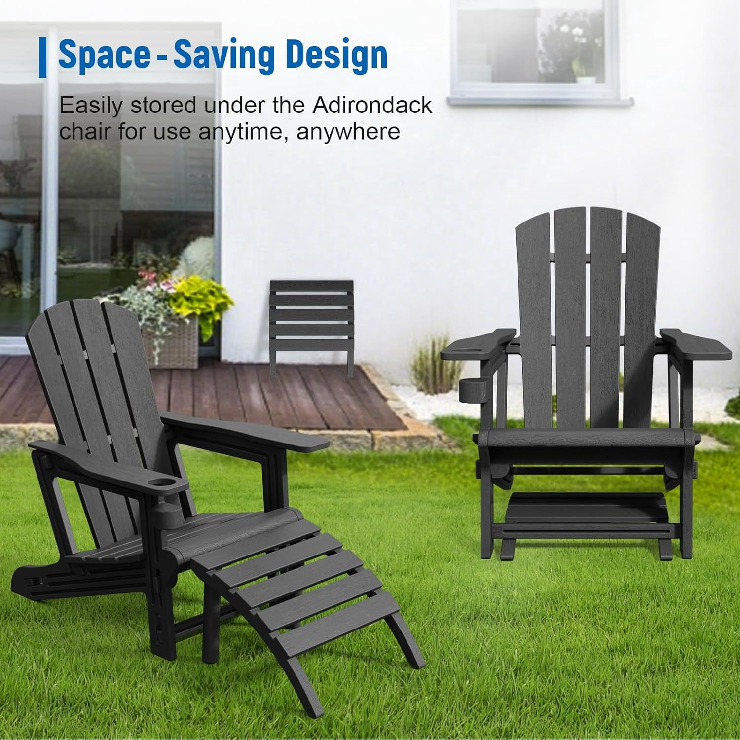 Adirondack Ottoman, HDPE Plastic Adirondack Chair Footstool, All Weather Outdoor Footrest for Patio, Backyard, Lawn, Fire Pits, Black