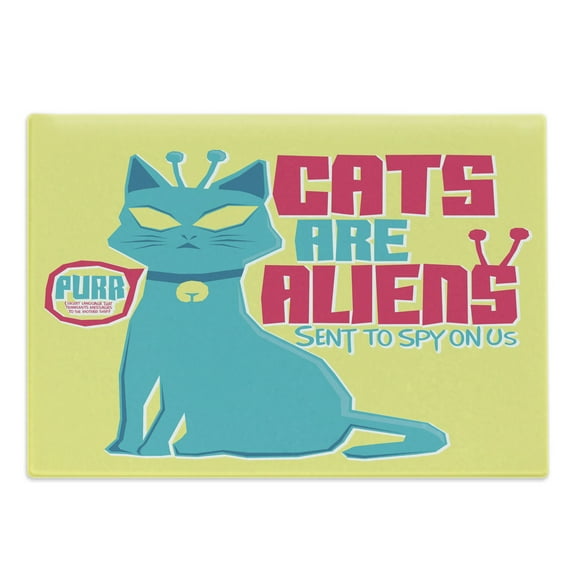 Humorous Cutting Board, Colorful Cartoon Cats are Aliens Compositions Funny, Decorative Tempered Glass Cutting and Serving Board, in 3 Sizes, by Ambesonne