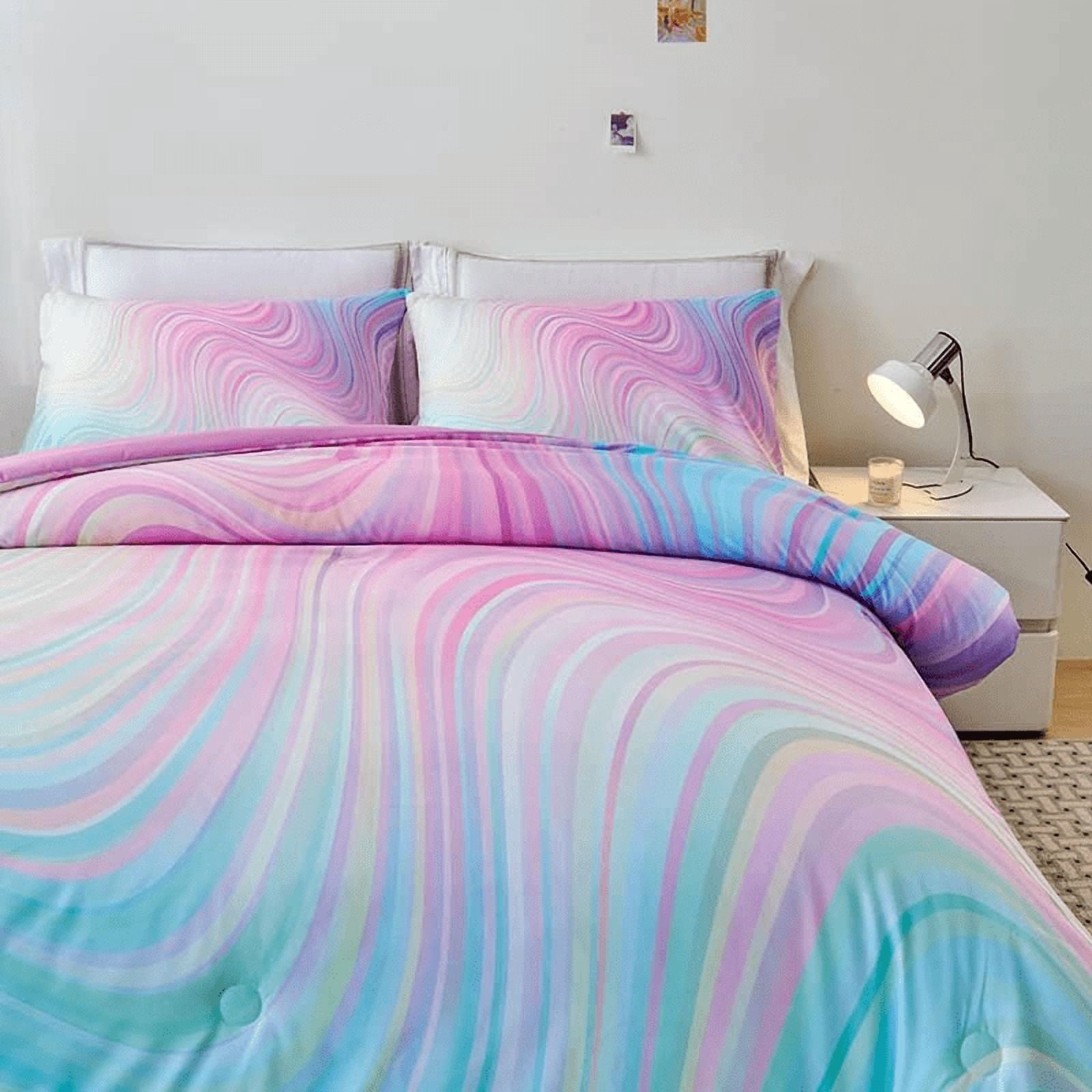 Psoiuetr Pink Tie Dye Gradient Wavy Line Comforter Set Queen Size Rainbow Bedding Set with 2 Pillowcases for Boys Kids Girls Teens 3Pcs