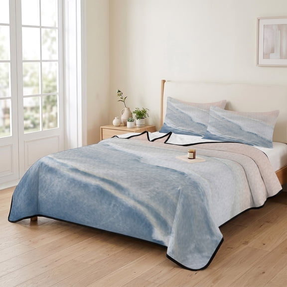 king Quilt Bedding Set, Blue Waves Bohemian Beach Sand Lightweight Coverlet Summer Comforter Set Soft Microfiber Bedspread, Summer Coastal Nautical 3 Piece Quilt Set with 2 Pillow Shams