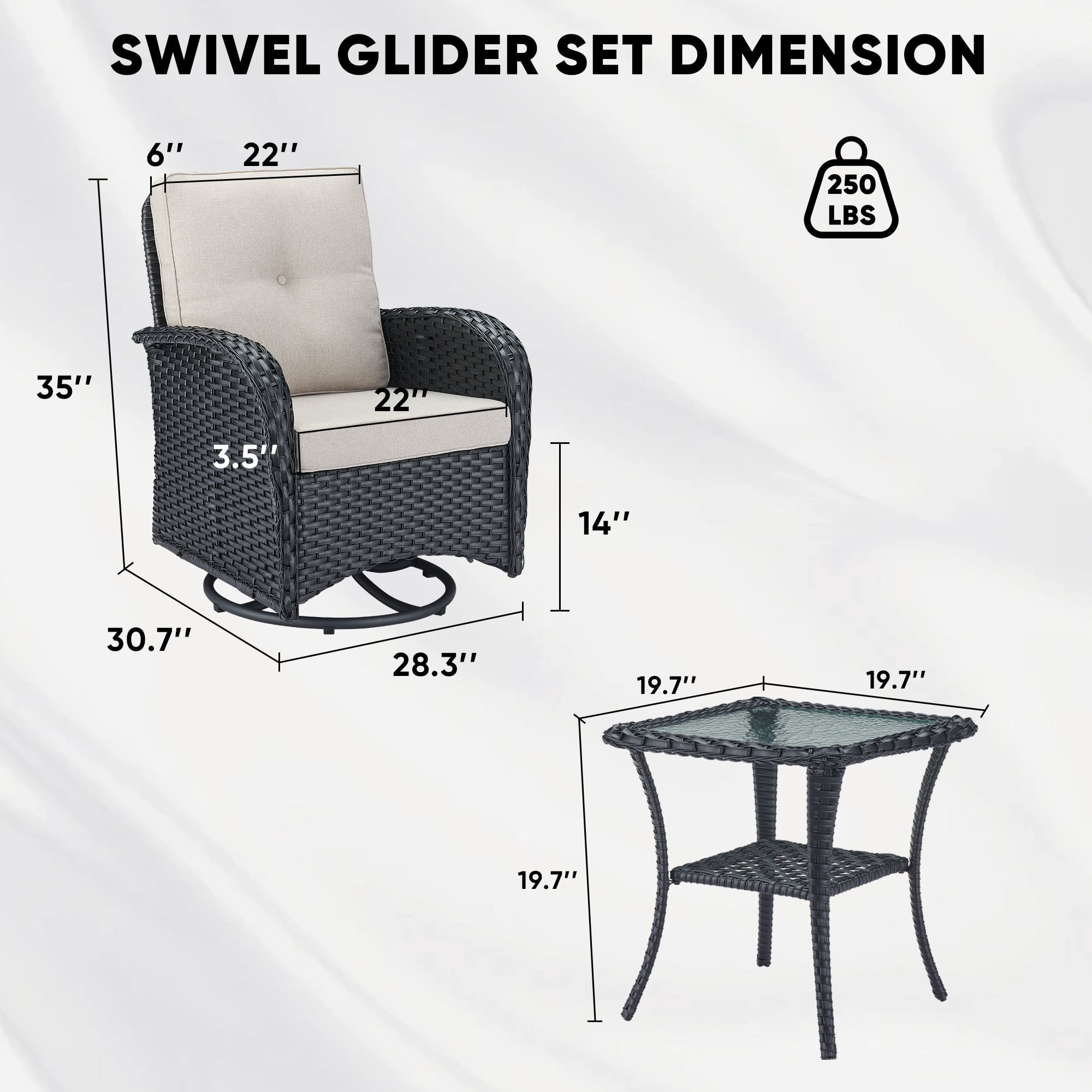 Gymojoy Outdoor 3-Piece Conversation Set, Patio Wicker Swivel Glider Rocker Chair Set for Porch Balcony Backyard, Beige Cushions