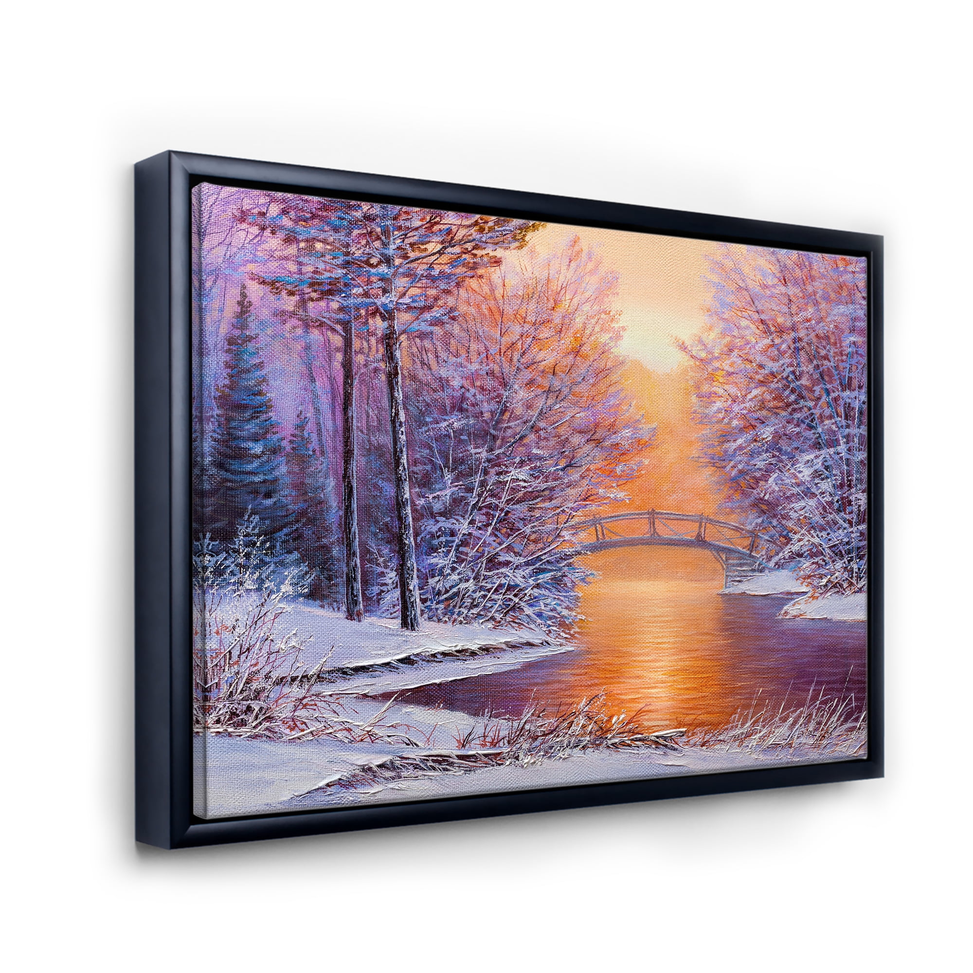 Designart 'Winter Landscape With Bridge Over The River' Traditional Framed Canvas Wall Art Print
