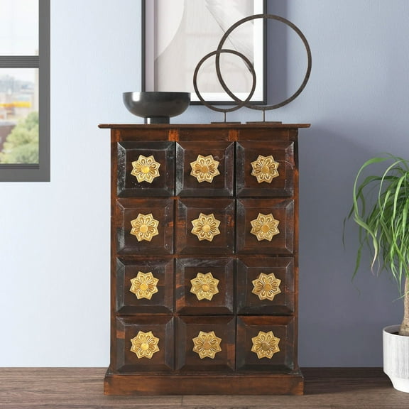 Unique 26" Wide Solid Wood Chest Of Drawers | 35" Tall Cabinet With Brass Accents | Art Deco Entryway 10" Deep Cabinet | Narrow Foyer Table