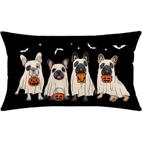 Halloween Pillow Cover 12x20 Inch, Cute Ghost French Bulldog Throw Pillow Cover, Halloween Farmhouse Cushion Cover for Sofa Couch Home Decor