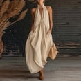 thumbnail image 2 of Women's Plunge Halter Sleeveless Pleated Long Romper Knit Jogger Maxi Jumpsuit with Pockets for Summer Beach Vacation Casual Daily Wear Beige L, 2 of 4