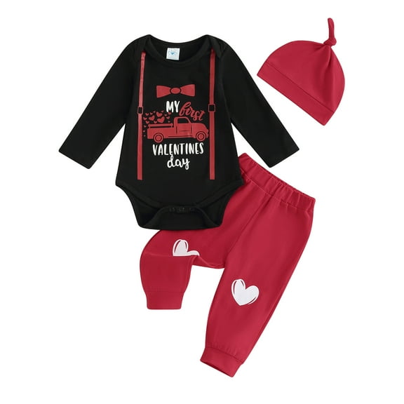 Baby Boy My First Valentine’s Day Outfits Long Sleeve Truck Print Romper   Pants   Hat Set Infant Clothes