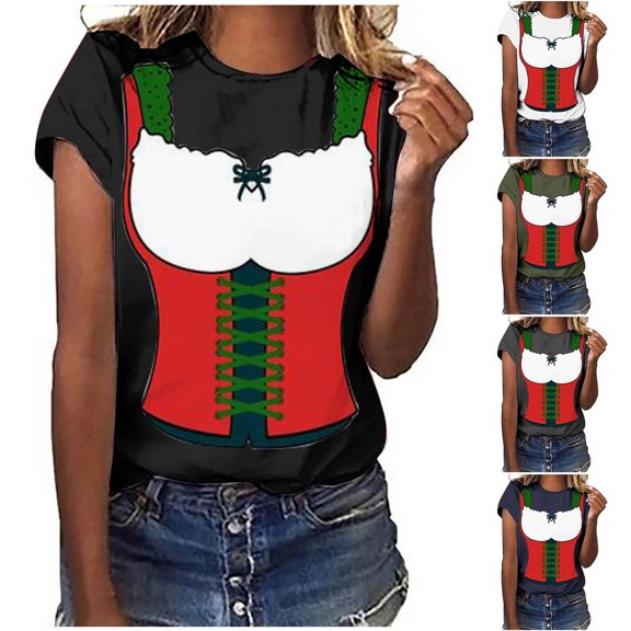 Fesfesfes Girls Crop Top Women's Fashion Casual Loose Blouse Oktoberfest Printing Round Neck T-Shirt Blouse Print Tee Short Sleeve Athletic Tops for Women L(US:8)