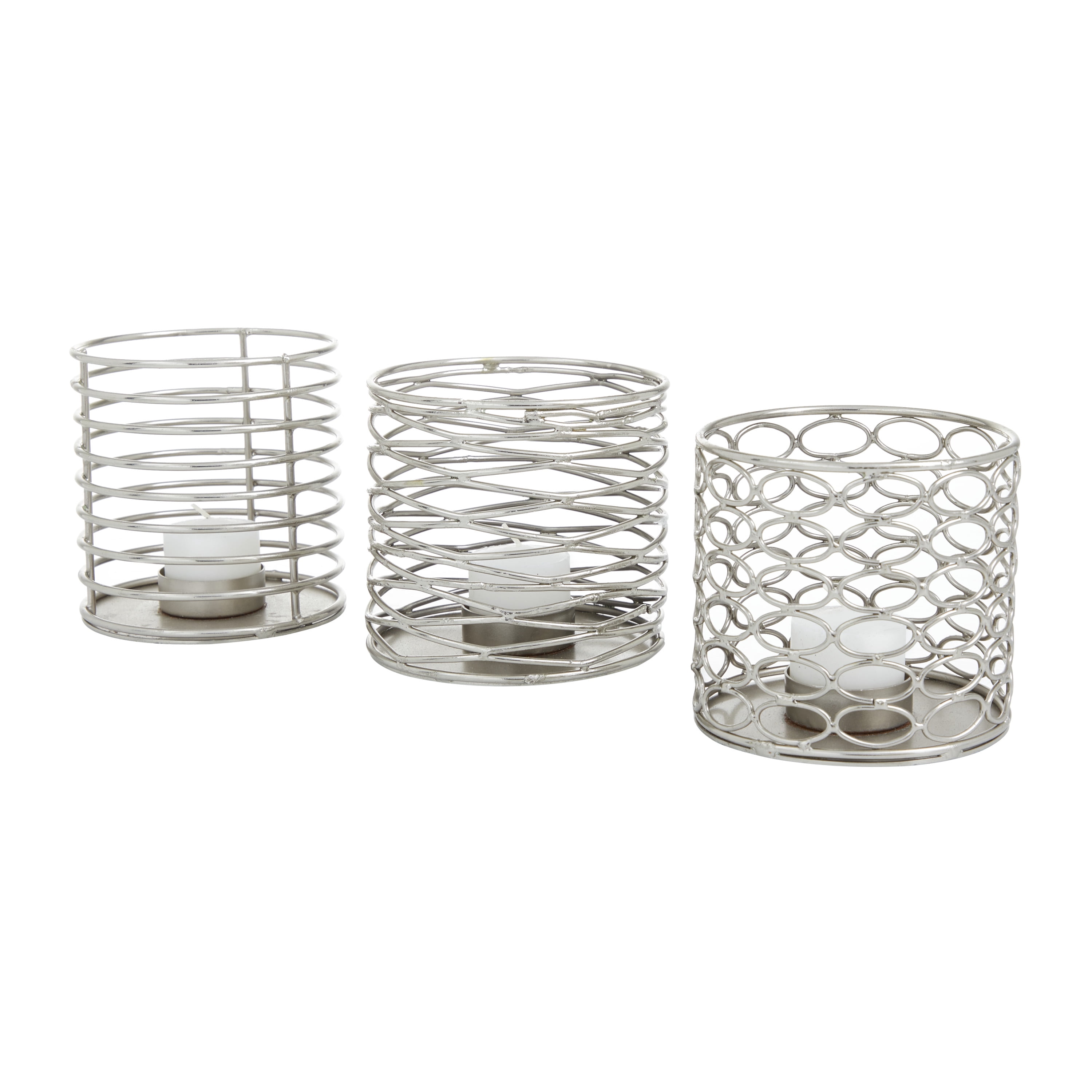 DecMode 4"W, 4"H Metal Glam Candle Holders, Silver, 3-Piece