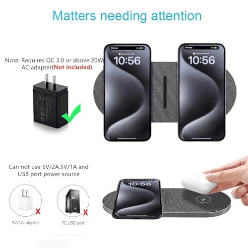40W Wireless Charging Pad, Dual 20W Fast Wireless Charging Mat for iPhone 16 15 14 13 12 11/Pro/Pro Max/SE/X/XS,Apple Airpods 4/3/Pro,15W Wireless Charger Station for Samsung Galaxy/Note/Bud+