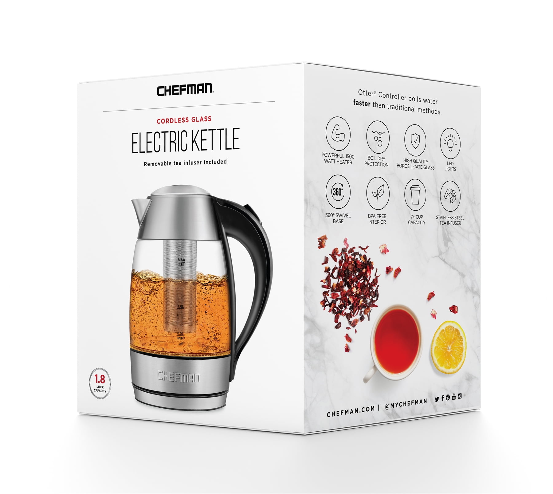 Chefman Electric Kettle with Temperature Control, 5 Presets LED Indicator  Lights, Removable Tea Infuser, Glass Tea Kettle & Hot Water Boiler, 360°