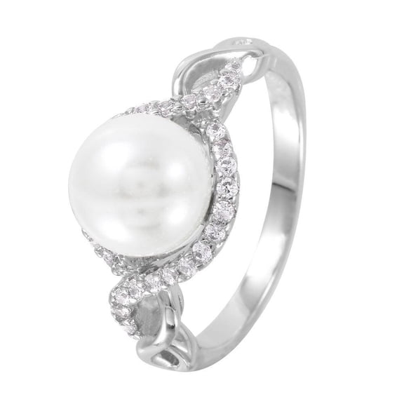 Rhodium Plated Sterling Silver 925 Accented Simulated Pearl Ring White CZ Jewelry Female Size 7