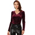 thumbnail image 1 of Blusa De Manga Larga Con Cuello En V De Terciopelo Para Mujer, Blusa Con Estrellas Brillantes Metálicas Doradas Vino rojo M, 1 of 6