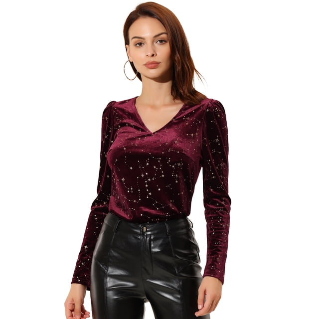Blusa De Manga Larga Con Cuello En V De Terciopelo Para Mujer, Blusa Con Estrellas Brillantes Metálicas Doradas Vino rojo M