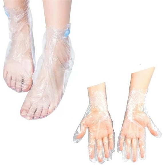 200 Pcs Disposable Gloves and Foot Membrane Covers, Disposable Plastic Hand and Foot Bags for Pedicure Hot Spa Wax Treatment Thermal Paraffin Wax Therapy with 200 Stickers for Snug Closure (Clear)
