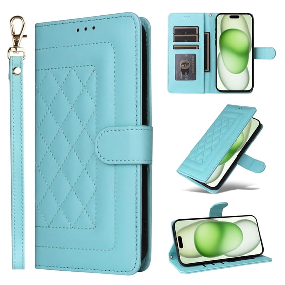 Compatible with iPhone 16 Wallet Flip Case, Durable Soft TPU   PU Leather 3 Card Slots and 1 Cash Pocket Wrist Strap Magnetic Kickstand Elegant Case for iPhone 16, Mint