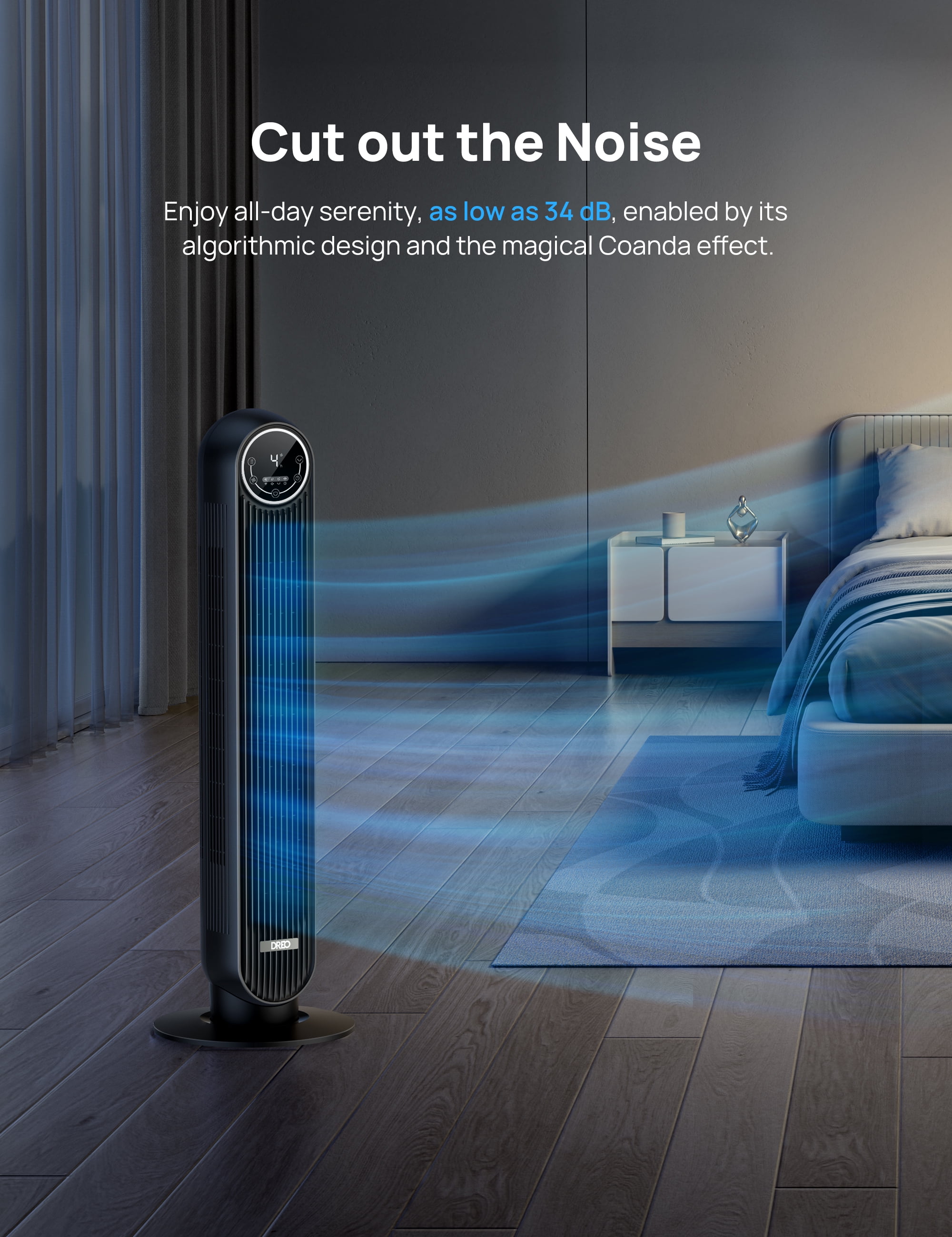 DREO Tower Fan for Bedroom, 24ft/s Velocity Quiet Floor Fan, 90° Oscillating Fans for Indoors with 4 Speeds, 4 Modes, 8H Timer, Standing Fans, Bladeless Fan, Black, Nomad One