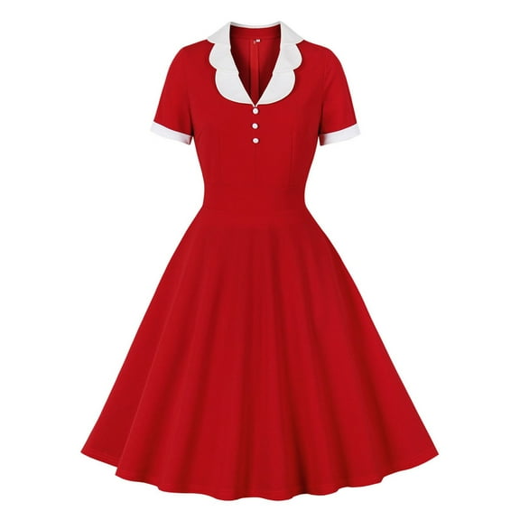 Women's Retro 1950s Cocktail Dress Lapel V Neck Short Sleeve Prom Dresses Vintage Flared A Line Swing Midi Dresses