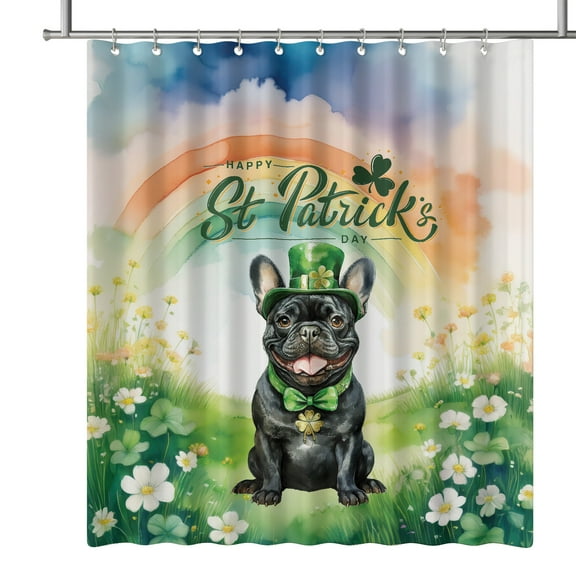 Happy St. Patrick’s Day French Bulldog with Green Hat Shamrocks Rainbow Shower Curtain Dog Lover Gifts Waterproof Bathroom Bathtub Curtain - 03007