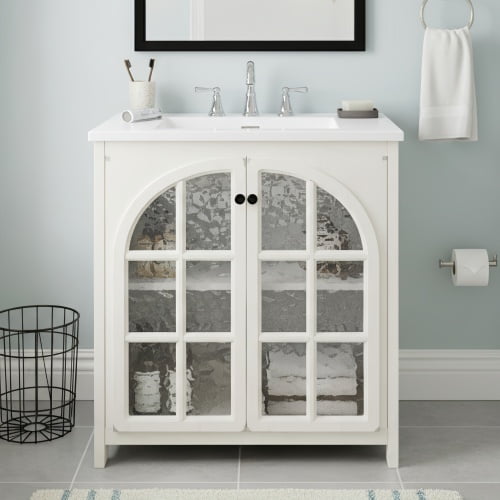 31" Vintage Design Bathroom Vanity with Storage, Modern Minimalist Bathroom Vanity with Ceramic Sink, Freestanding Storage Cabinet for Bathroom Organizer, Antique White