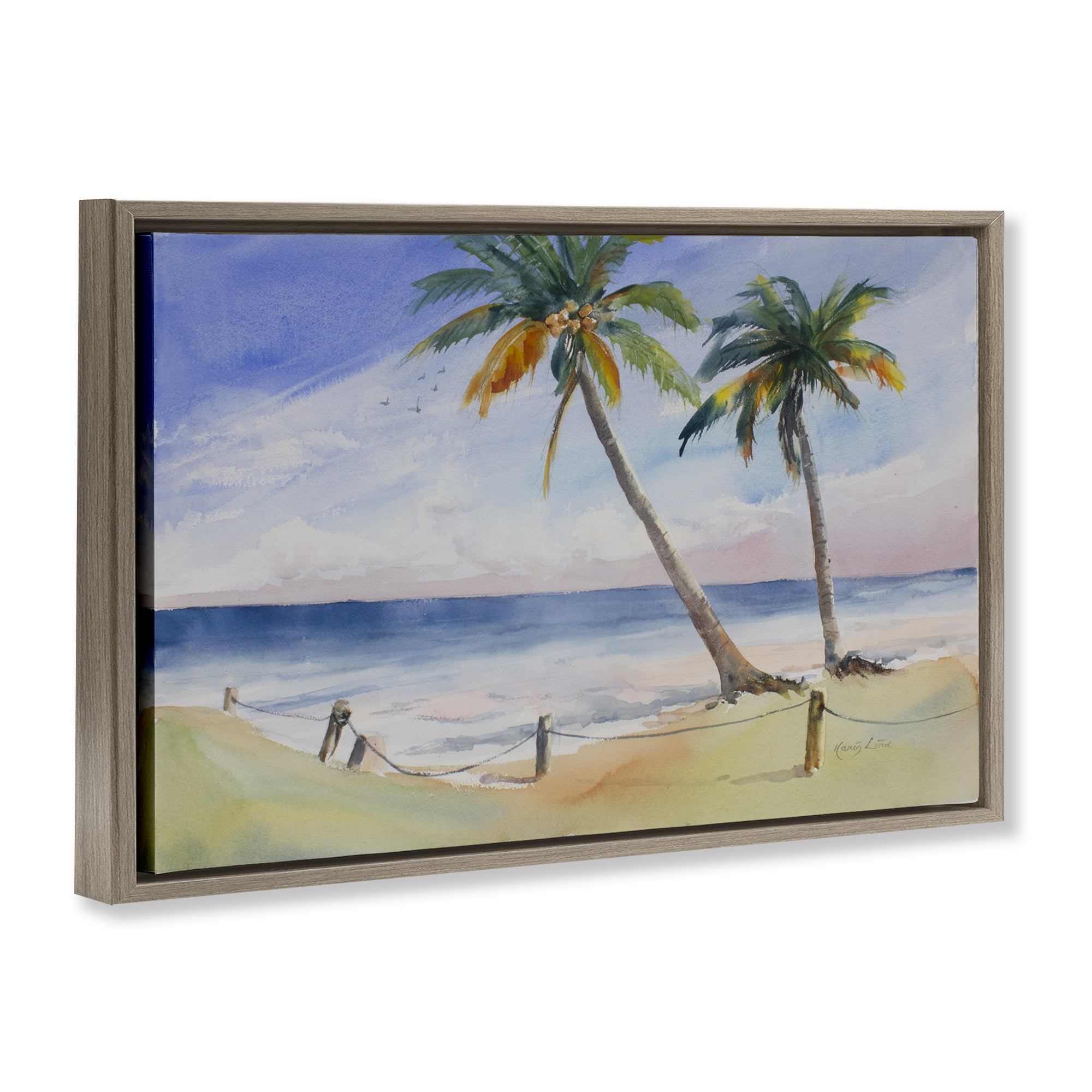 Stupell Industries Two Palms Beach Sunset Nautical & Beach Painting Brown Floater Framed Canvas Art Print Wall Art, 25 x 17